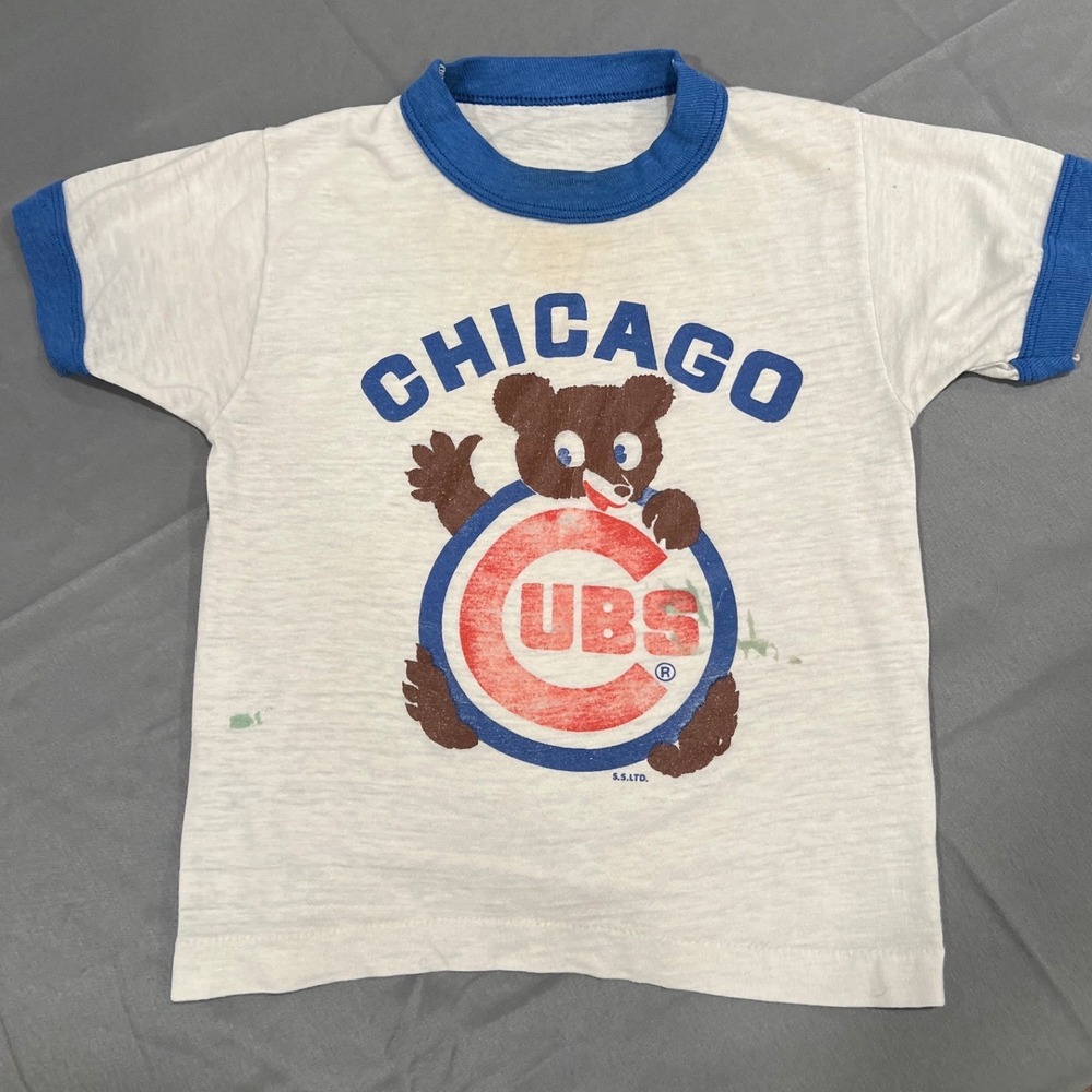 Vintage 80s Chicago Cubs Kids Ringer T-Shirt Bear Logo Single Stitch White